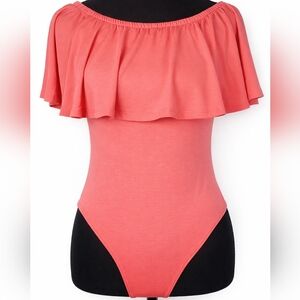 ZENA Coral Off Shoulder Ruffle Bodysuit β’ Flounce Neckline β’ Resort Summer Top L